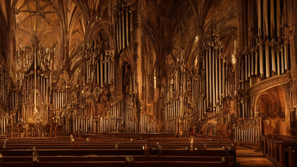 Prompt: a complex ancient pipe organ cathedral interior, 4 k, stone pews, skulls, giant alembic, candle lighting, octane render, natural color scheme, architectural photography, f 3 2, still from movie by guillermo del toro