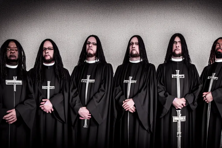 Prompt: a christian religious black that studies theology and arr becoming priests, band photo of a metal band playing christian black metal, stage outfits, cinematic, elegant, professional studio light, real dlsr photography, sharp focus, 4 k, ultra hd, sense of awe, high fashion