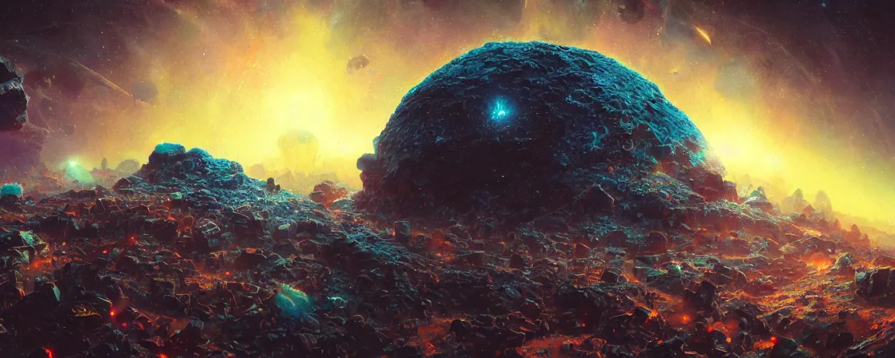 Image similar to ” asteroid made of bones and lasers, [ shards, facets, by paul lehr, cinematic, detailed, epic, widescreen, opening, establishing, mattepainting, photorealistic, realistic textures, octane render ] ”