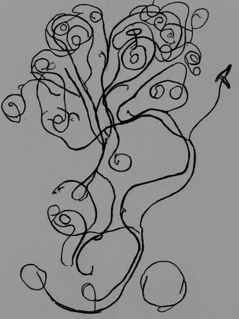 Image similar to single line drawing of an acorn growing into a tree in shape of treble clef, splash of color, voroni diagram