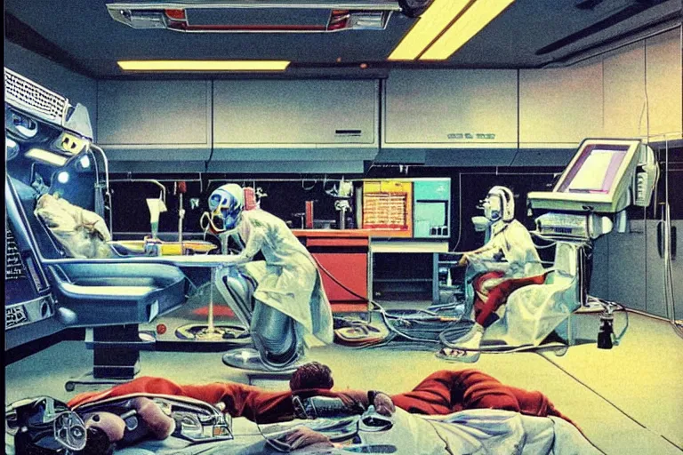 Image similar to 1979 OMNI Magazine Cover depicting a cyberware surgery operating room in a garage Cyberpunk Akira style by Vincent Di Fate