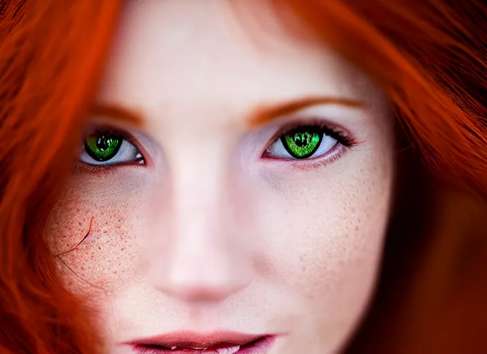 Prompt: 5 5 mm portrait photo of a redhead woman's face with ( intricate cat eyes )!!. highly detailed 8 k. intricate. lifelike. soft light. nikom d 8 5 0. cinematic post - processing