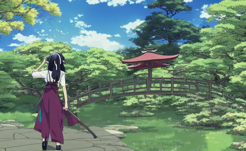 Prompt: A lonely anime girl in a kimono, walking through a traditional Japanese garden, anime scenery by Makoto Shinkai