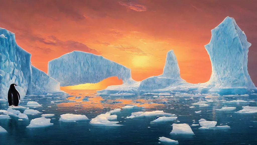 Prompt: the most beautiful panoramic landscape, oil painting, where a giant iceberg is lost in the frozen artic ocean, a giant penguin is exhaling steam while walking over the iceberg, the frozen artic ocean is reflecting the giant penguin and the ray lights of the sunset are brightening him, by greg rutkowski