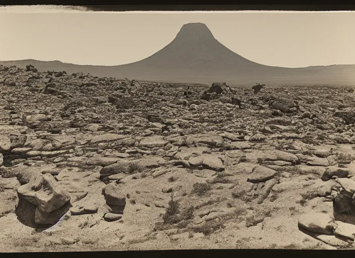 Prompt: View of a gigantic tepuy in grassy desert, with rocks and boulders at the bottom of it, albumen silver print, Smithsonian American Art Museum