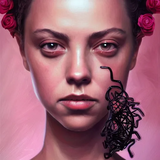 Image similar to black snake moan, pink petals with a a bored aubrey plaza and christina ricci mixed with mona lisa, intricate, elegant, highly detailed, wonderful eyes, sweet, digital painting, artstation, concept art, smooth, sharp focus, illustration, art by artgerm and greg rutkowski and concept art, rectilinear vaporwave