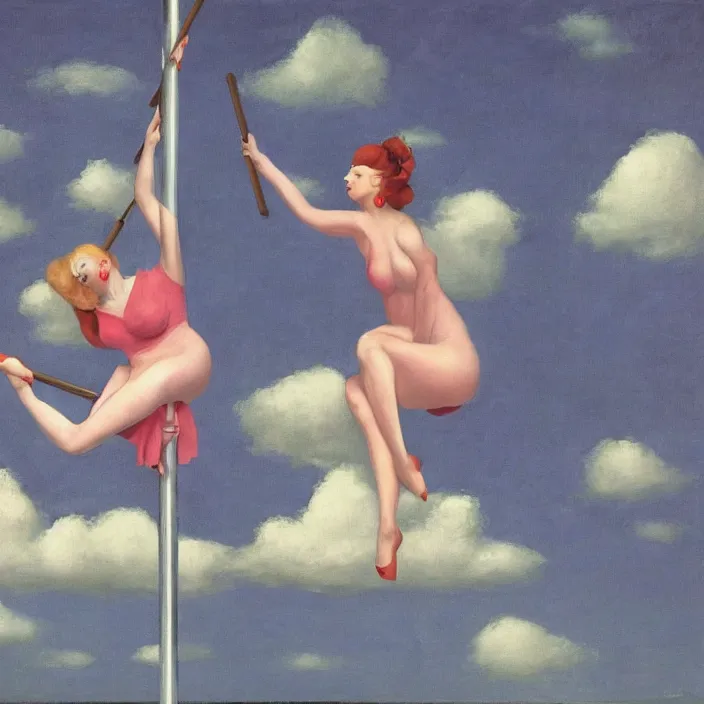 Image similar to pole dancing fairies in the style of Edward Hopper and Rene Magritte, highly detailed