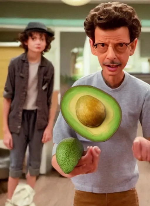 Image similar to an avocado with jeff goldblum's head in stranger things