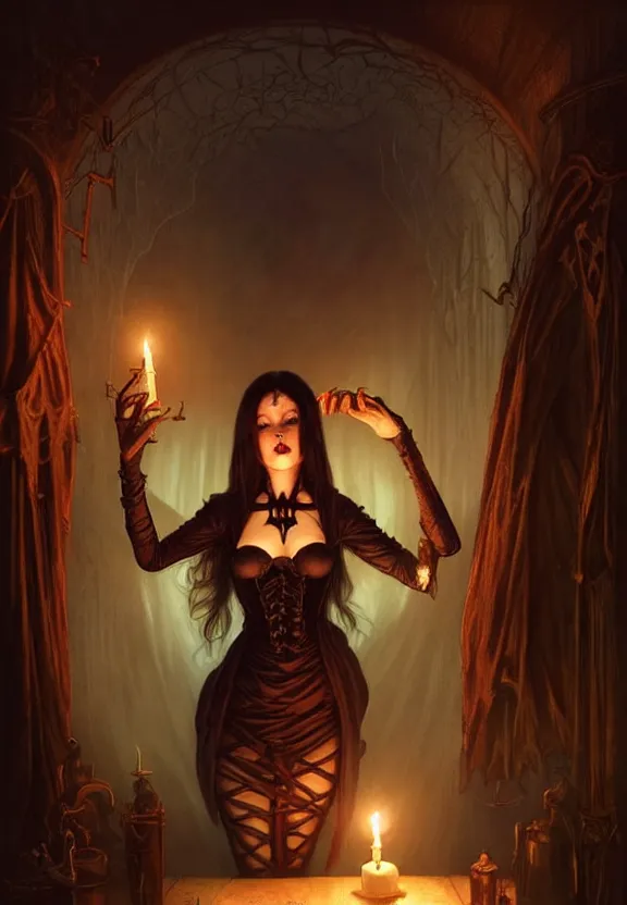 Image similar to Attractive necromancer mistress looking through papers in a candle light at a spooky old attic, fantasy magic, dark pin-up style hair, dark light night, intricate, elegant, sharp focus, illustration, highly detailed, digital painting, concept art, matte, art by WLOP and Artgerm and Greg Rutkowski and Alphonse Mucha, masterpiece