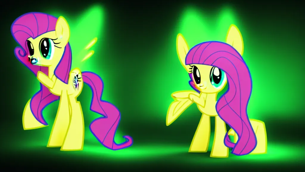 Image similar to 3D Fluttershy from My Little Pony as a necromancer, standing over a dead pony, bright green swirls coming up around her, glowing aura, pitch black background, dramatic and colorful lighting, she is surrounded by green chibi glowing skulls, smoke all around, unrealengine, 4k, HDR