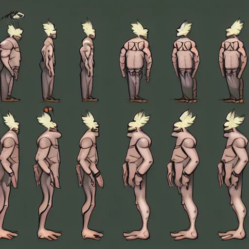 Image similar to character turnaround sheet for a monster in a human body in the style of aaron blaise