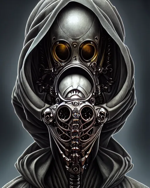 Image similar to front shot of a cyberpunk hooded dead biomechanical demon in gasmask mastermind character, intricate, elegant, highly detailed, centered, (((artstation, concept art, smooth, sharp focus, artgerm, Tomasz Alen Kopera, Peter Mohrbacher, donato giancola, Joseph Christian Leyendecker, WLOP, Boris Vallejo))), mugshot!!!!!, ugly!!!!!!, octane render, nvidia raytracing demo, grainy, muted