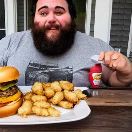 Image similar to overweight 2 0 year old with messy black hair and big beard eating burgers and chicken nuggets on his back porch table