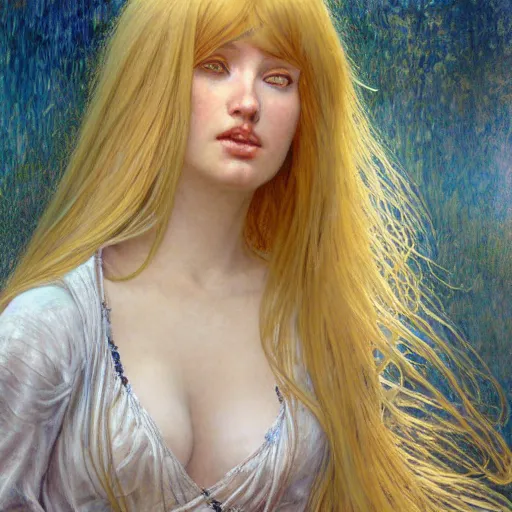 Image similar to A young woman with blonde long hair and bangs in shorts and white shirt drawn by Donato Giancola and Julie Bell, Luis Royo, alphonse mucha, background by James Jean and gustav klimt and John Marshall Gamble, 4k, volumetric lighting, french nouveau, trending on artstation, octane render, hyperrealistic