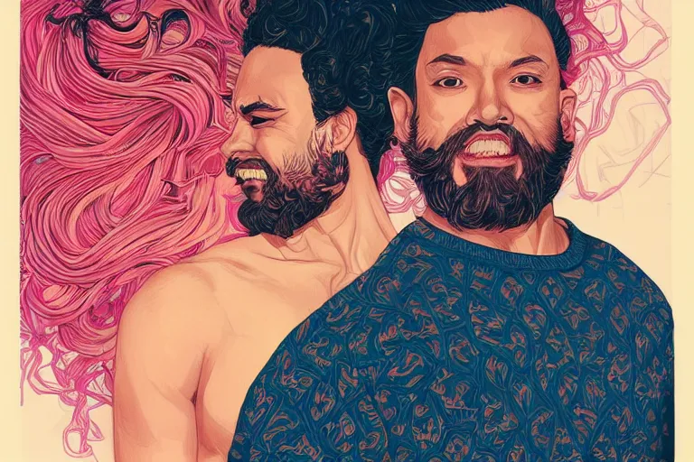 Prompt: hispanic girl medium length curly hair, and a bearded mixed race man, tristan eaton, victo ngai, artgerm, rhads, ross draws