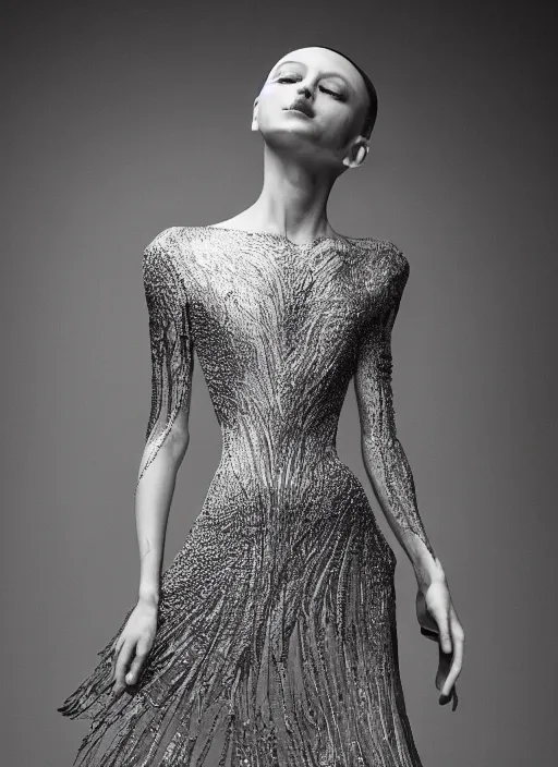 Image similar to a portrait of beautiful model ballerina wearing iris van herpen dress, by serge lutens, photorealistic, intricate details, hyper realistic, photorealistic, canon r 3, photography, symmetrical features, symmetrical pose, wide angle shot, head to toe, standing pose, feet on the ground,