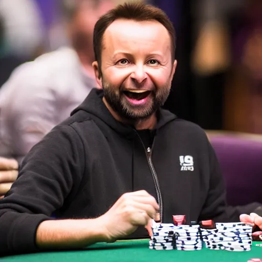 Prompt: A photograph of daniel negreanu playing poker with a gorilla, 8K HD, shot by sony a7 IV