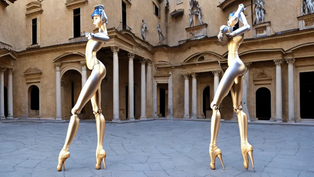 Image similar to a hajime sorayama sculpture of a svelte robotic ballerina on display in a roman courtyard.