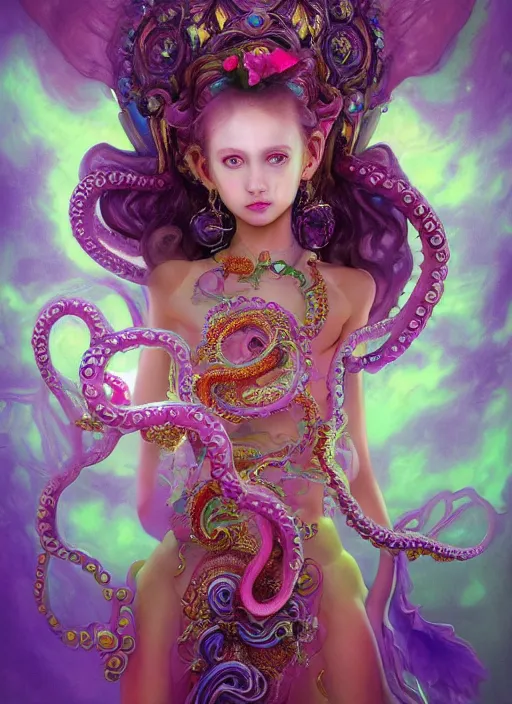 Image similar to A full body shot of a cute young magical girl wearing an ornate dress made of opals and tentacles. Monster GIrl. Subsurface Scattering. Dynamic Pose. Translucent Skin. Rainbow palette. defined facial features, symmetrical facial features. Opalescent surface. Soft Lighting. beautiful lighting. By Giger and Ruan Jia and Artgerm and WLOP and William-Adolphe Bouguereau. Photo real. Hyper-real. Photorealism. Fantasy Illustration. Sailor Moon hair. Masterpiece. trending on artstation, featured on pixiv, award winning, cinematic composition, dramatic pose, sharp, details, Hyper-detailed, HD, HDR, 4K, 8K.