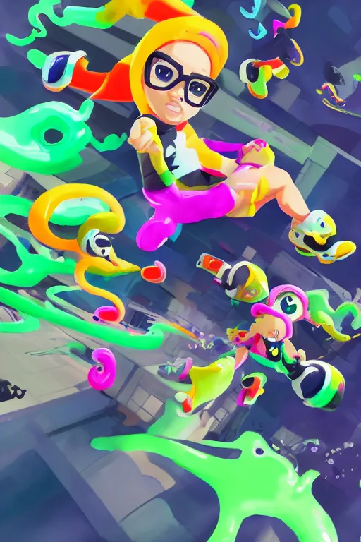 Prompt: splatoon nintendo dynamic poses digital painting on canvas, trending on artstation, featured on pixiv, cinematic composition, 8 k