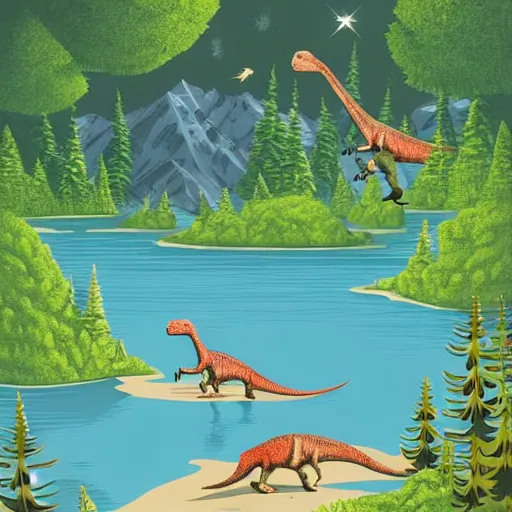 Prompt: Dinosaurs living on the moon near a lake in the style of a nature photograph, natural geographic, documentary, detailed vegetation