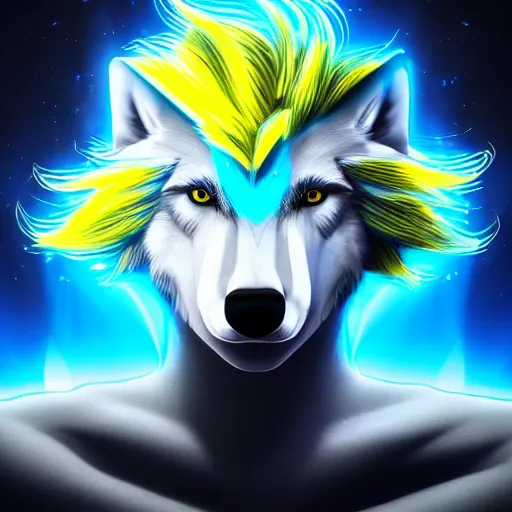 Prompt: portrait of a male humanoid cartoonish wolf with white snout, blue head and light yellow hair looking to the side, synthwave style