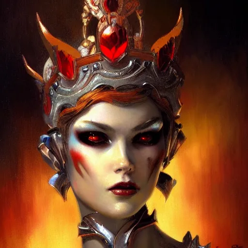 Prompt: attractive female robot demon queen with crown and red eyes, painting by gaston bussiere and luis rollo, close - up portrait, digital painting, highly detailed, artstation, sharp focus, illustration, concept art, hd