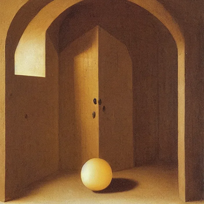 Prompt: a chicken in a hall with a glowing orb at the end, glowing orb door, by jan van eyck