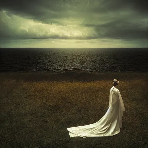 Image similar to Southern Gothic scene of a bride looking the distant shore, painted by Michal Karcz