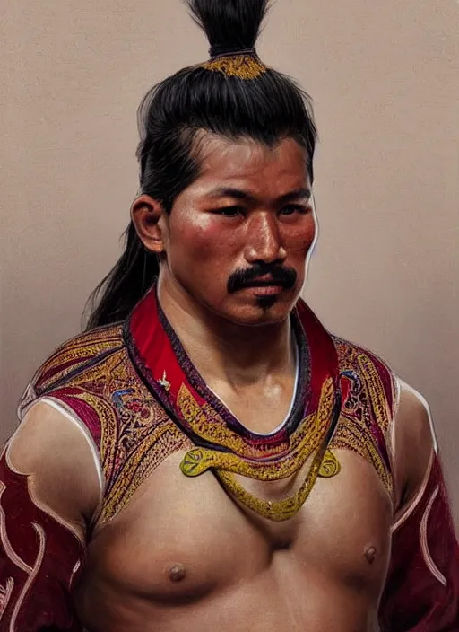 Image similar to a khuresh male wrestler!!!, tuvan national clothes!!, tuva, portrait, intricate, elegant, highly detailed, digital painting, artstation, concept art, wallpaper, smooth, sharp focus, illustration, art by artgerm and greg rutkowski and alphonse mucha
