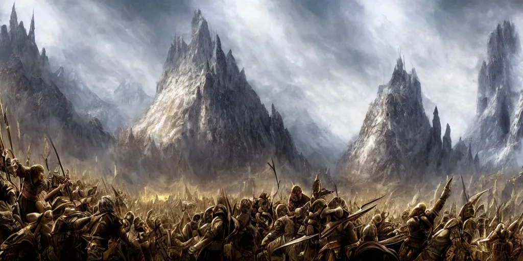 Prompt: epic middle earth battlefield painting, matte painting