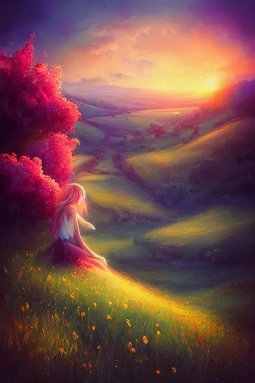 Prompt: beautiful dreamy hilly verdant flower filled landscape at sunset by Anna dittmann