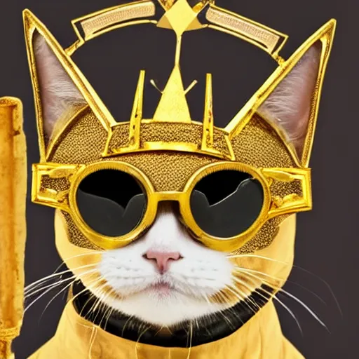 Image similar to a man - cat wearing a golden crown and black goggles