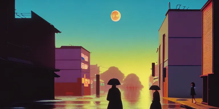 Image similar to an immaculate isometric cinematic keyframe matte painting of the silhouette of a young japanese girl standing in wide wet street 1 9 7 0 s vaporwave rust belt city at dusk with an oversized moon, just after the rain has cleared. by eric lafforgue, glennray tutor and edward hopper, greg rutkowski. trending on artstation.