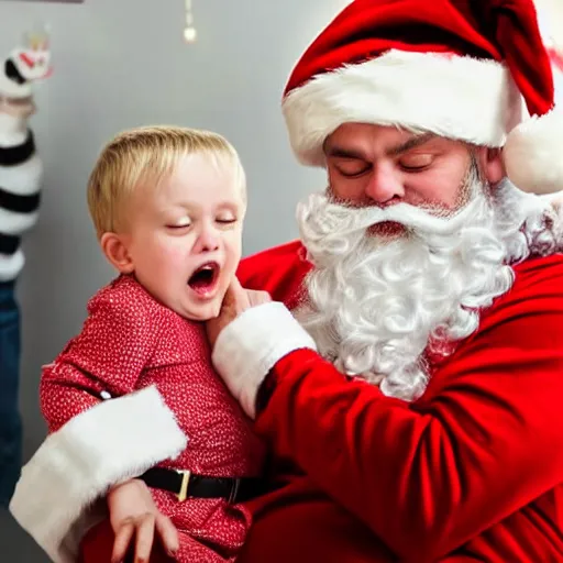 Image similar to an alcoholic wearing santa suitr crying while having a child on his lap, shopping mall, emotional, sadness, anxious, depressed