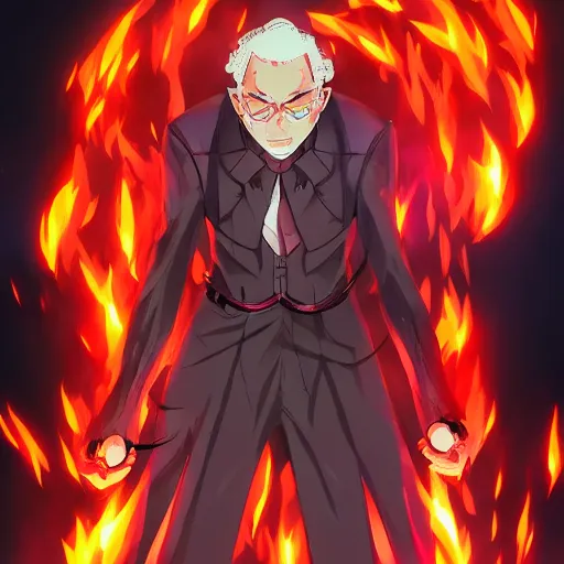 Image similar to portrait of oppenheimer wielding the nuclear flames, anime fantasy illustration by tomoyuki yamasaki, kyoto studio, madhouse, ufotable, trending on artstation