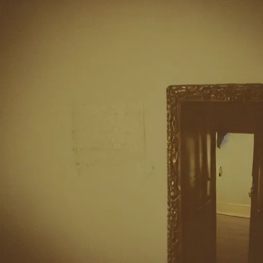 Image similar to insane nightmare, no light, everything is blurred, creepy shadows, vintage mirror, very poor quality of photography, 2 mpx quality, grainy picture