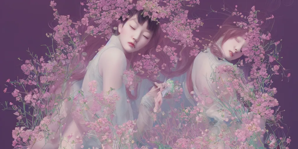 Image similar to breathtaking delicate detailed concept art painting pattern amalgamation flowers and girls, by hsiao - ron cheng, bizarre compositions, exquisite detail, pastel colors, 8 k