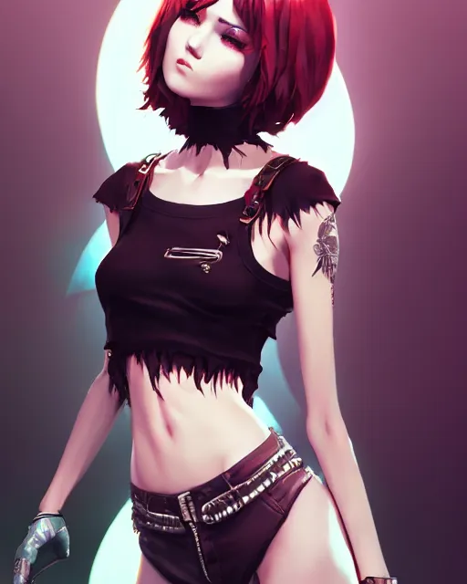 Image similar to a beautiful punkrock woman in crop top, art by saruei and guweiz and ilya kuvshinov, digital art, highly detailed, intricate, sharp focus, trending on artstation hq, deviantart, pinterest, unreal engine 5, 4 k uhd image