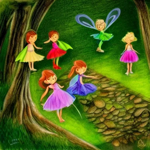 Image similar to tiny fairies playing hide and seek in a beautiful forest, green, colourful, playful, drawing