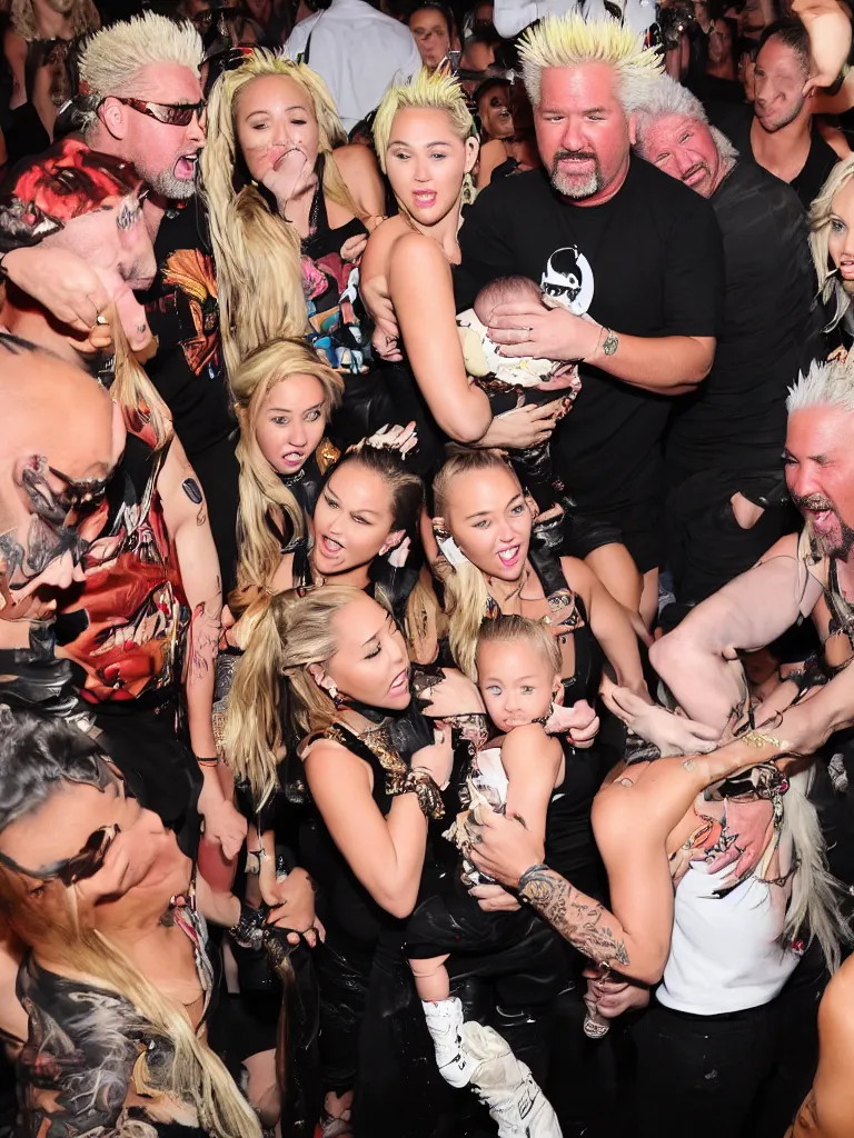 Prompt: olivia munn and miley cyrus and guy fieri holding their baby in a mosh pit