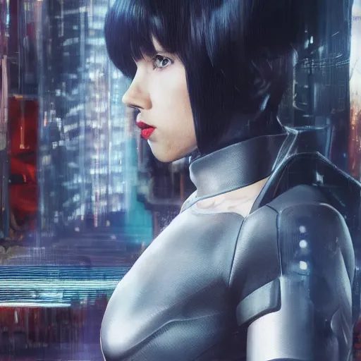 Image similar to a beautiful medium - shot still of scarlett johansson as the major motoko kusanagi from ghost in the shell, cyberpunk style, looking off into the distance, motoko kusanagi hair style, black hairs, ultra realistic, soft, blue hour, soft neons light from night city falling on her face. focus on her eyes and brows. by annie leibowitz