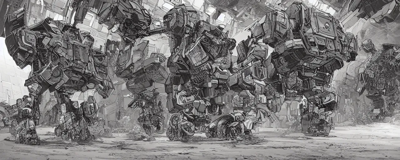 Image similar to comic book illustration, a large battle robot stumbles through a cavernous landing bay after a battle, detailed, artwork by Moebius. Trending on artstation. 8k