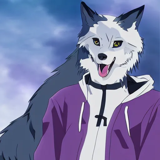 Image similar to key anime visual portrait of a handsome male anthro wolf furry fursona with beautiful eyes, wearing a hoodie, official modern animation