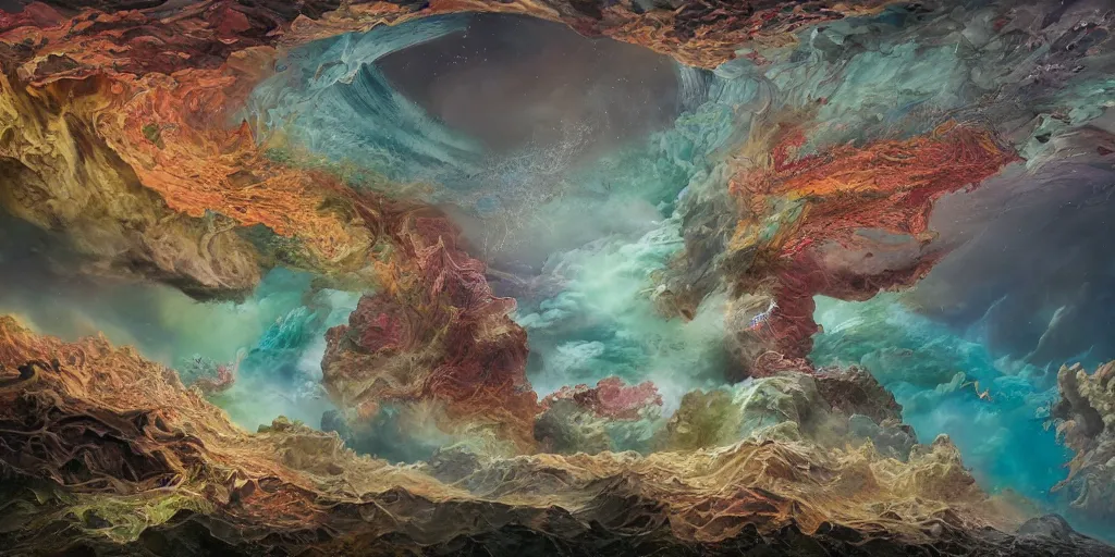 Prompt: surreal subduction zone charts of land and ocean , geological chart style, in focus, kim keever, peter mohrbacher, fred tomaselli, roger dean, vivid color, hyper detailed