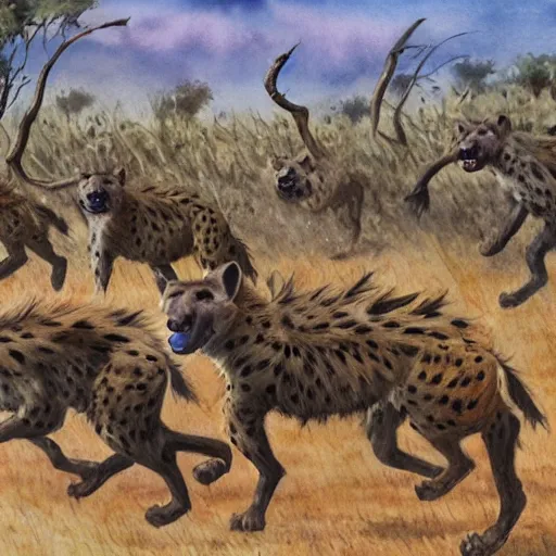 Prompt: a clan of hyenas running down savannah chasing prey, watercolor painting, highly detailed, fine art, realistic, dynamic lighting, rich colors