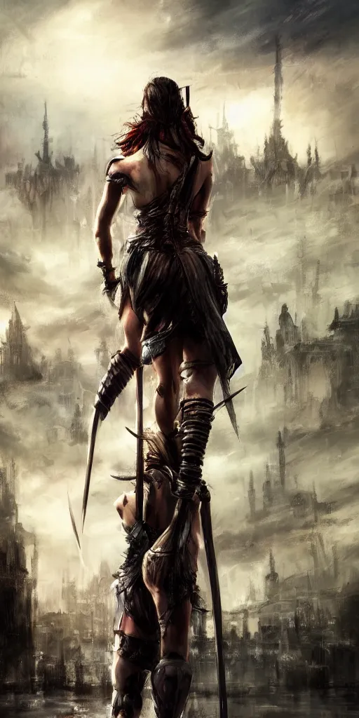 Image similar to back shot of one beautiful girl warrior gazing back, holding two swords. standing on wet road by wlop. artstation contest winner, cinematic paint. lower shot. dramatic cloud and ruined city in background.