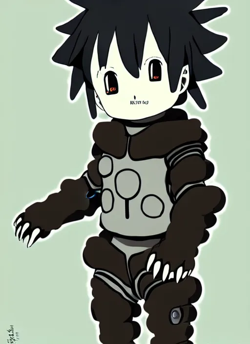 Image similar to beautiful little boy wearing an cyborg bear suit, artwork in kentaro miura and made in abyss and rosdraws, smooth, beautiful lightness, anatomically correct, trending on pixiv, forest