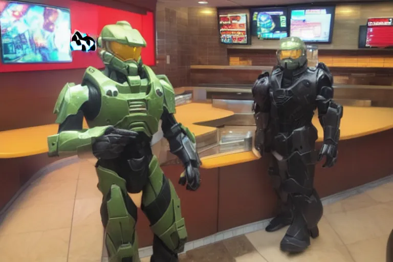 Image similar to master chief in mcdonalds