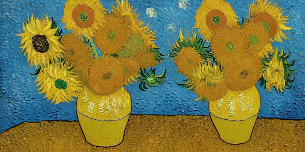 Image similar to an oil painting of van gogh is painting in a sunflower filed, by van gogh